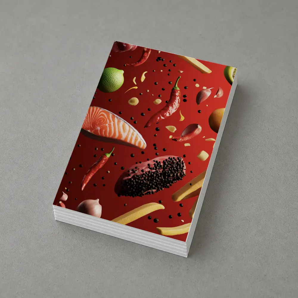 Flying Food Ingredients On Red Background – Postcards