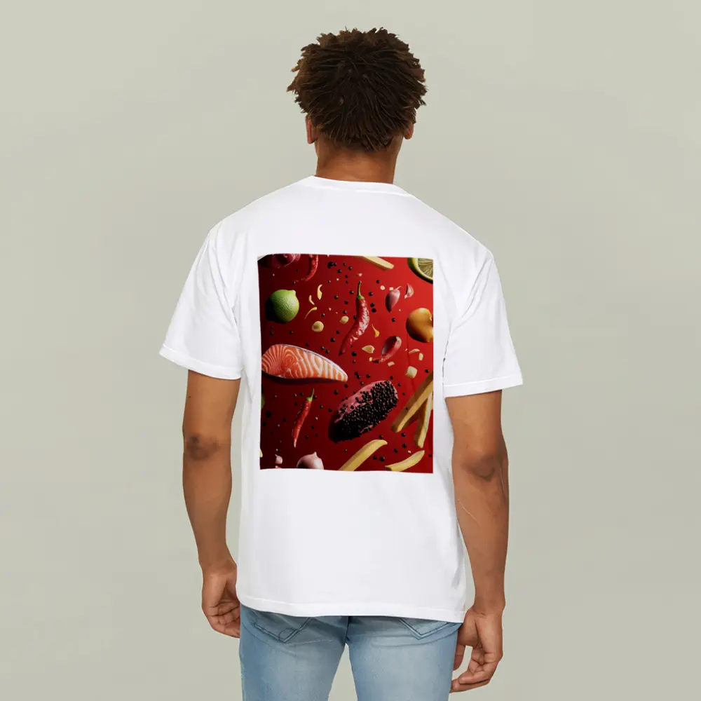 Flying Food Ingredients On Red Background – T-Shirts