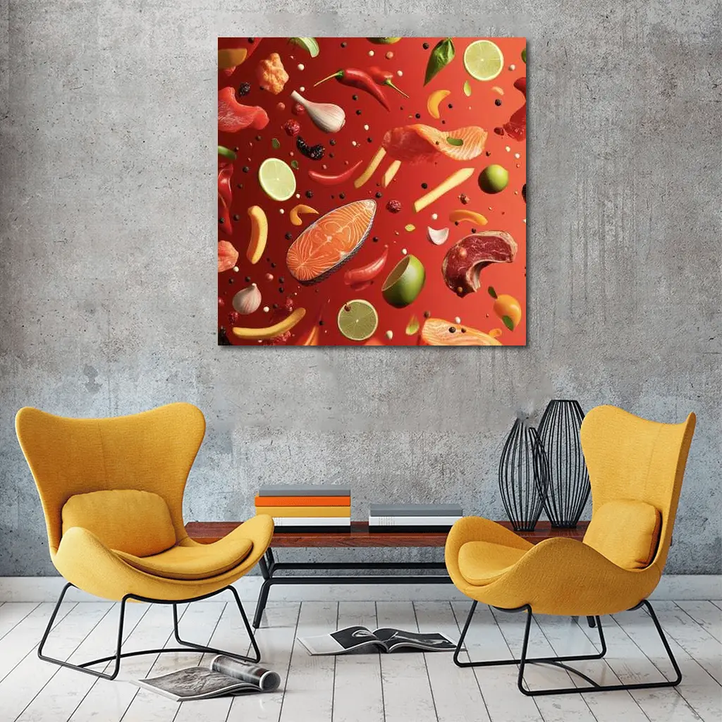 Fresh Ingredients Floating On Red Background – Wall Art