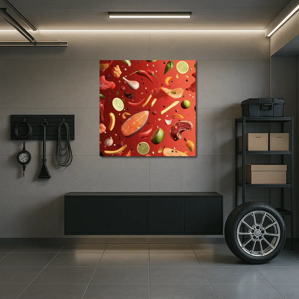 Fresh Ingredients Floating On Red Background – Wall Art