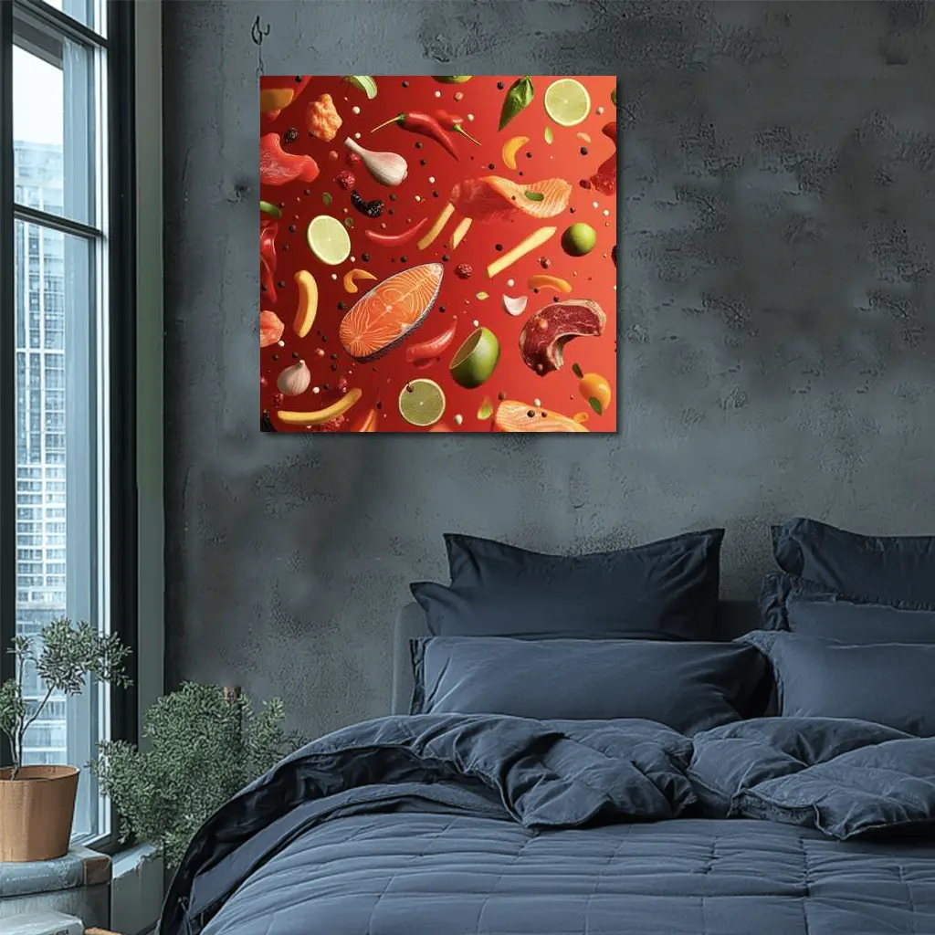 Fresh Ingredients Floating On Red Background – Wall Art