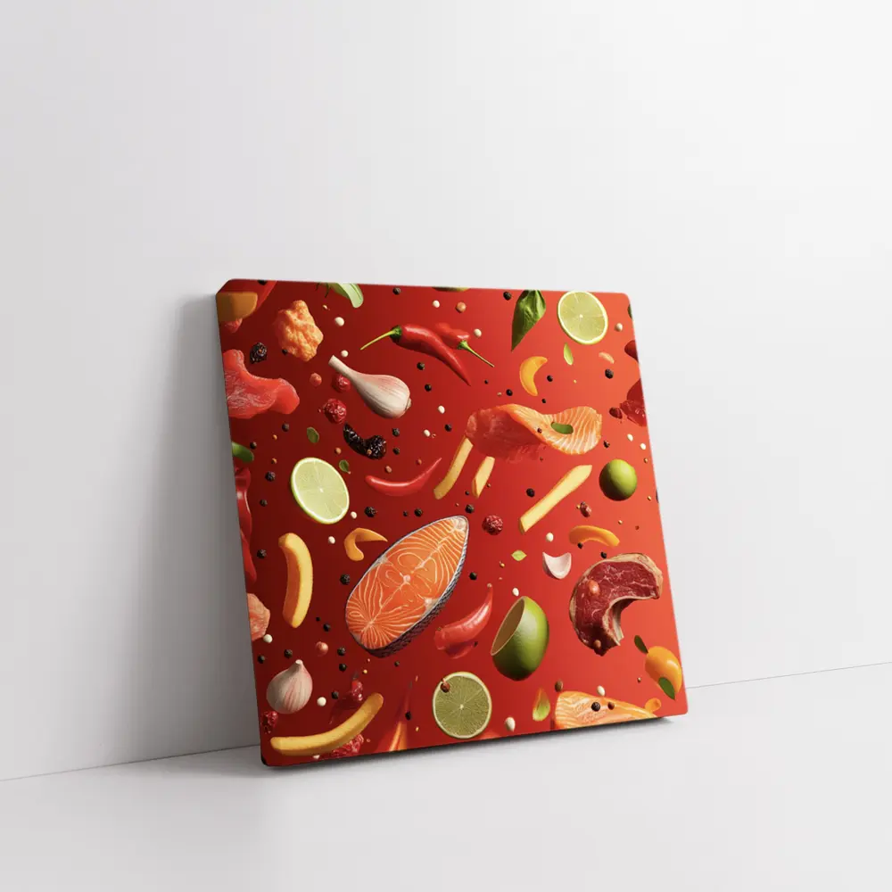 Fresh Ingredients Floating On Red Background – Wall Art