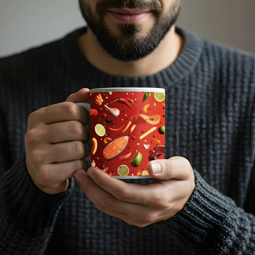 Fresh Ingredients Floating On Red Background – Mugs