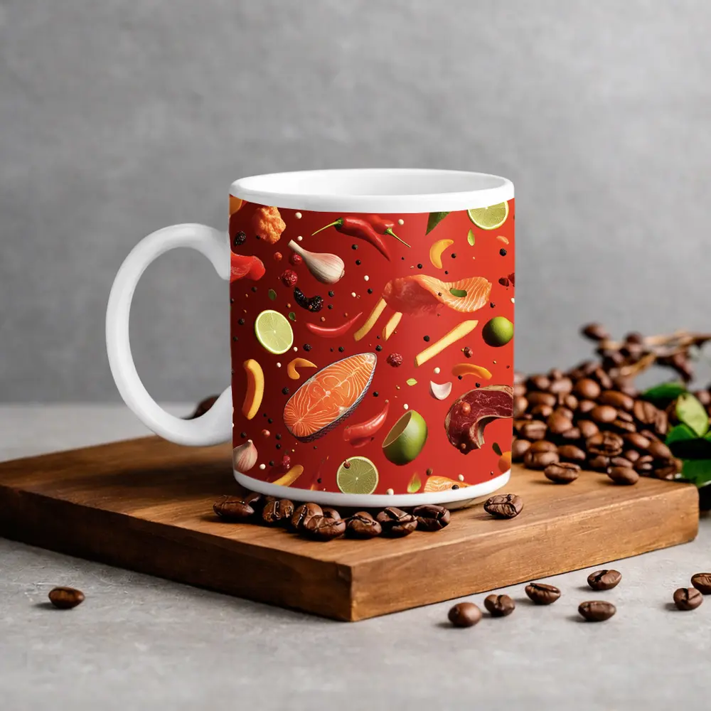Fresh Ingredients Floating On Red Background – Mugs