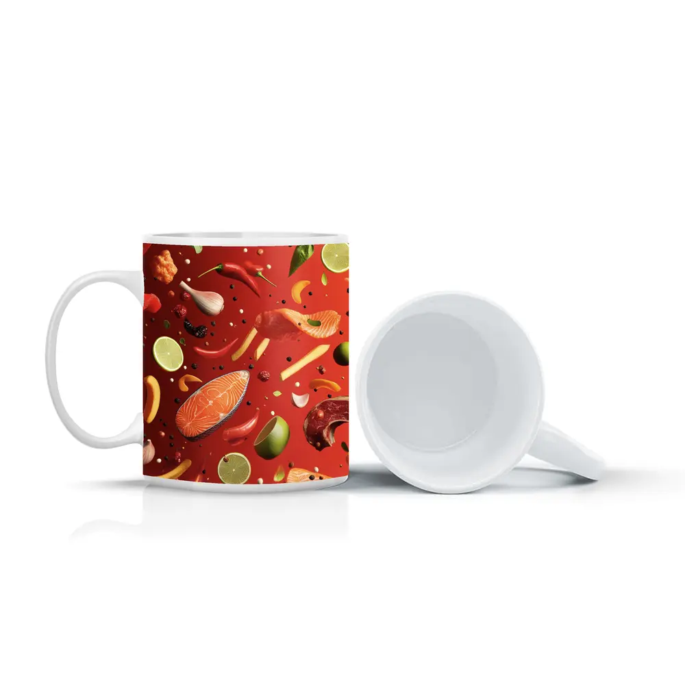 Fresh Ingredients Floating On Red Background – Mugs