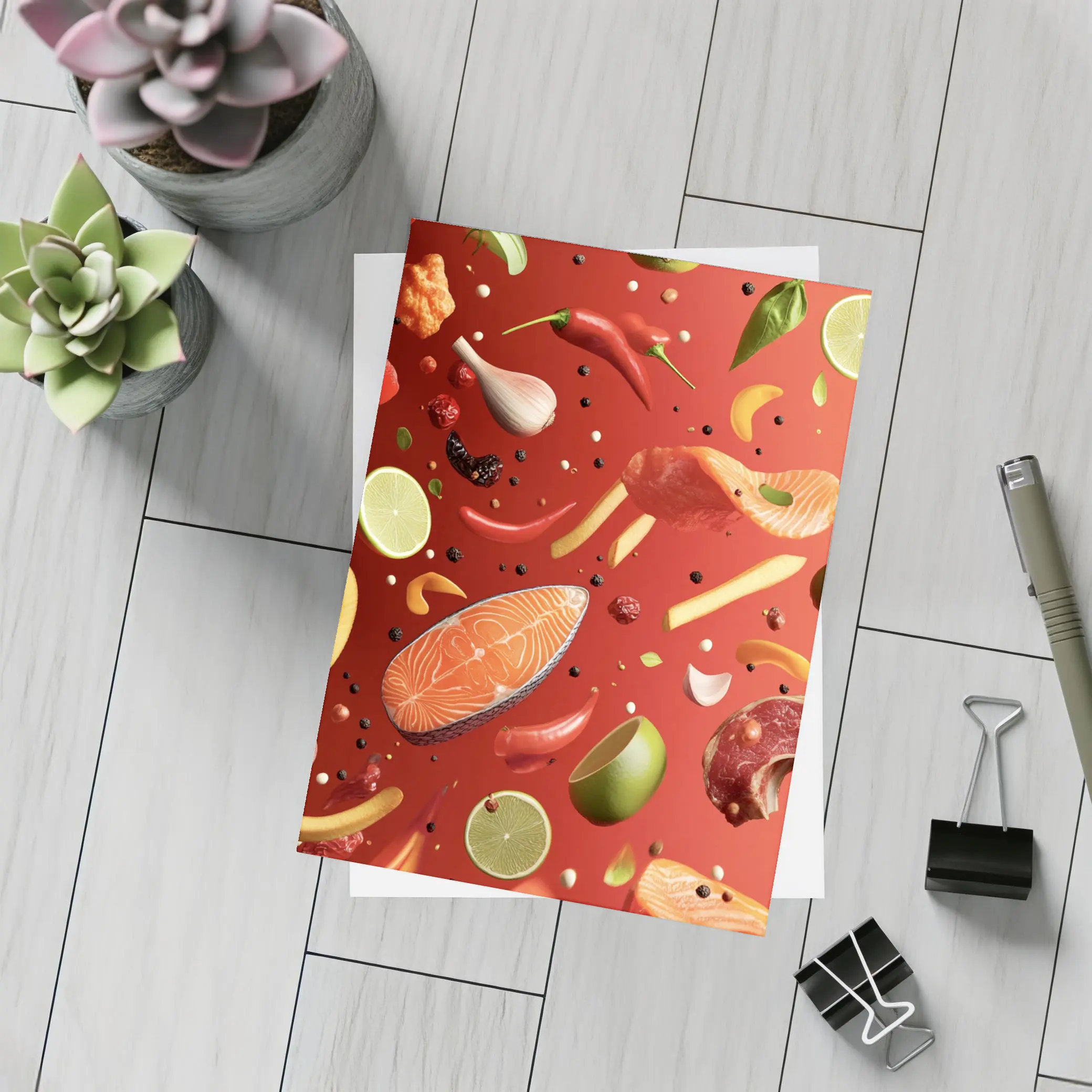 Fresh Ingredients Floating On Red Background – Postcards