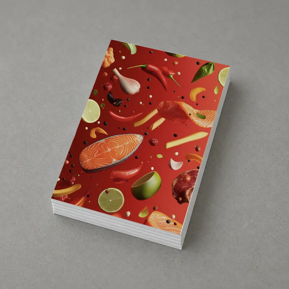 Fresh Ingredients Floating On Red Background – Postcards