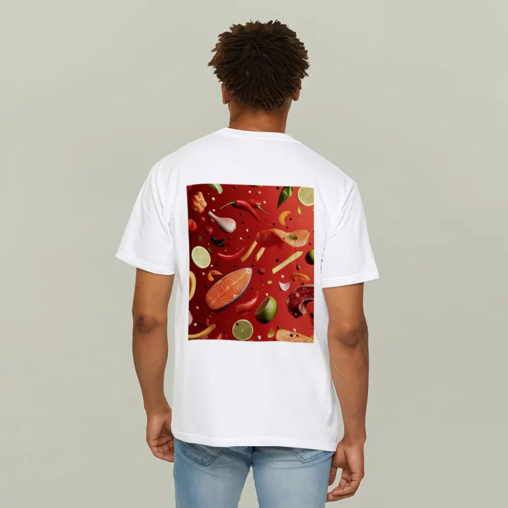 Fresh Ingredients Floating On Red Background – T-Shirts