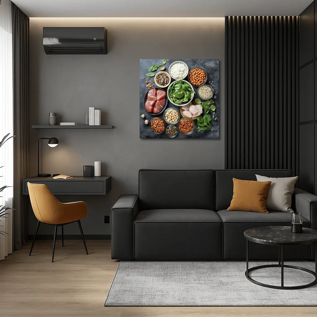 High Protein Foods Spread On Dark Surface – Wall Art