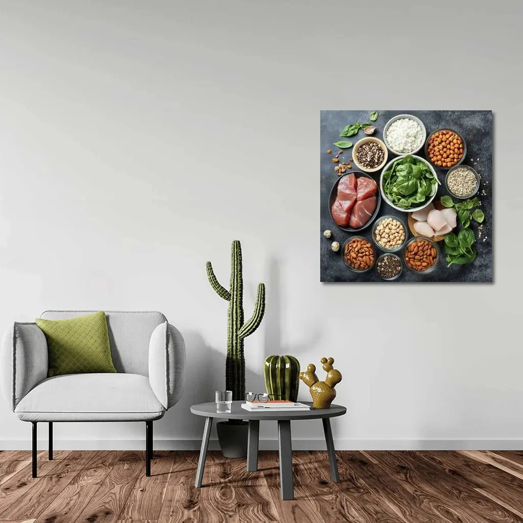 High Protein Foods Spread On Dark Surface – Wall Art