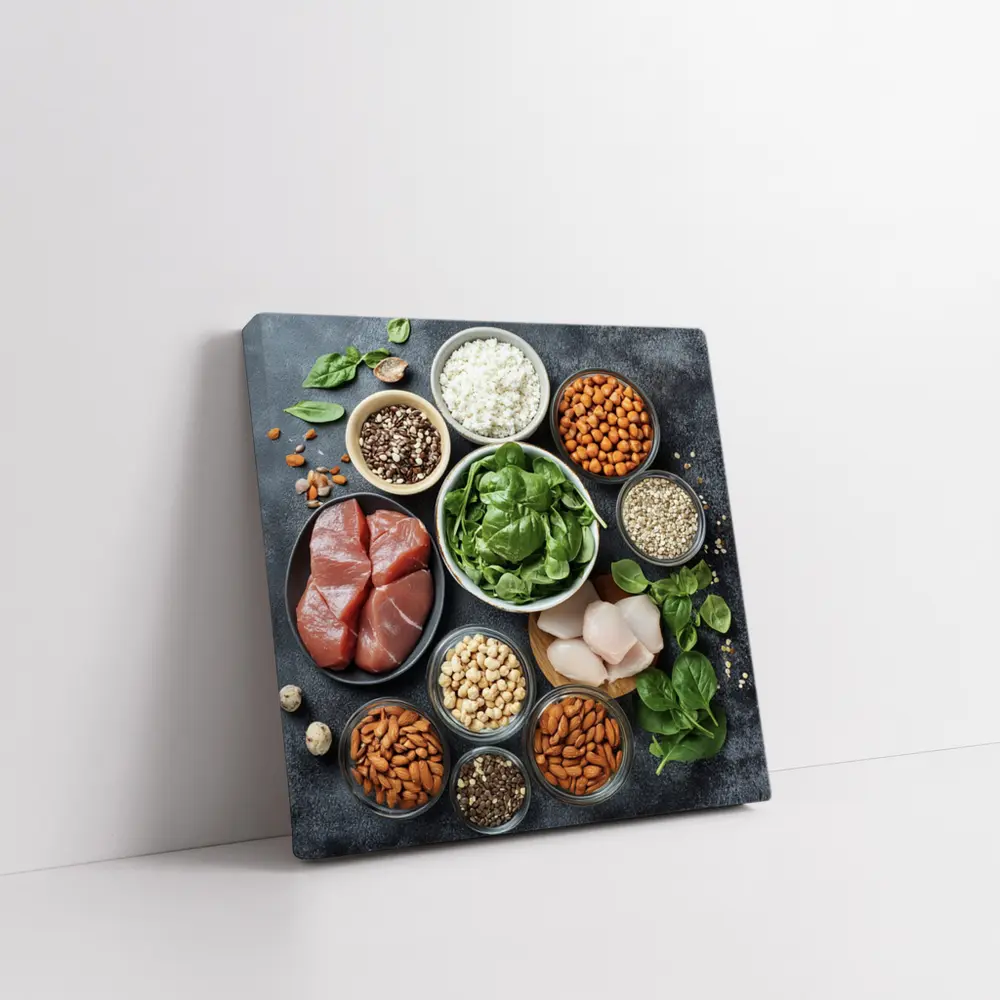 High Protein Foods Spread On Dark Surface – Wall Art