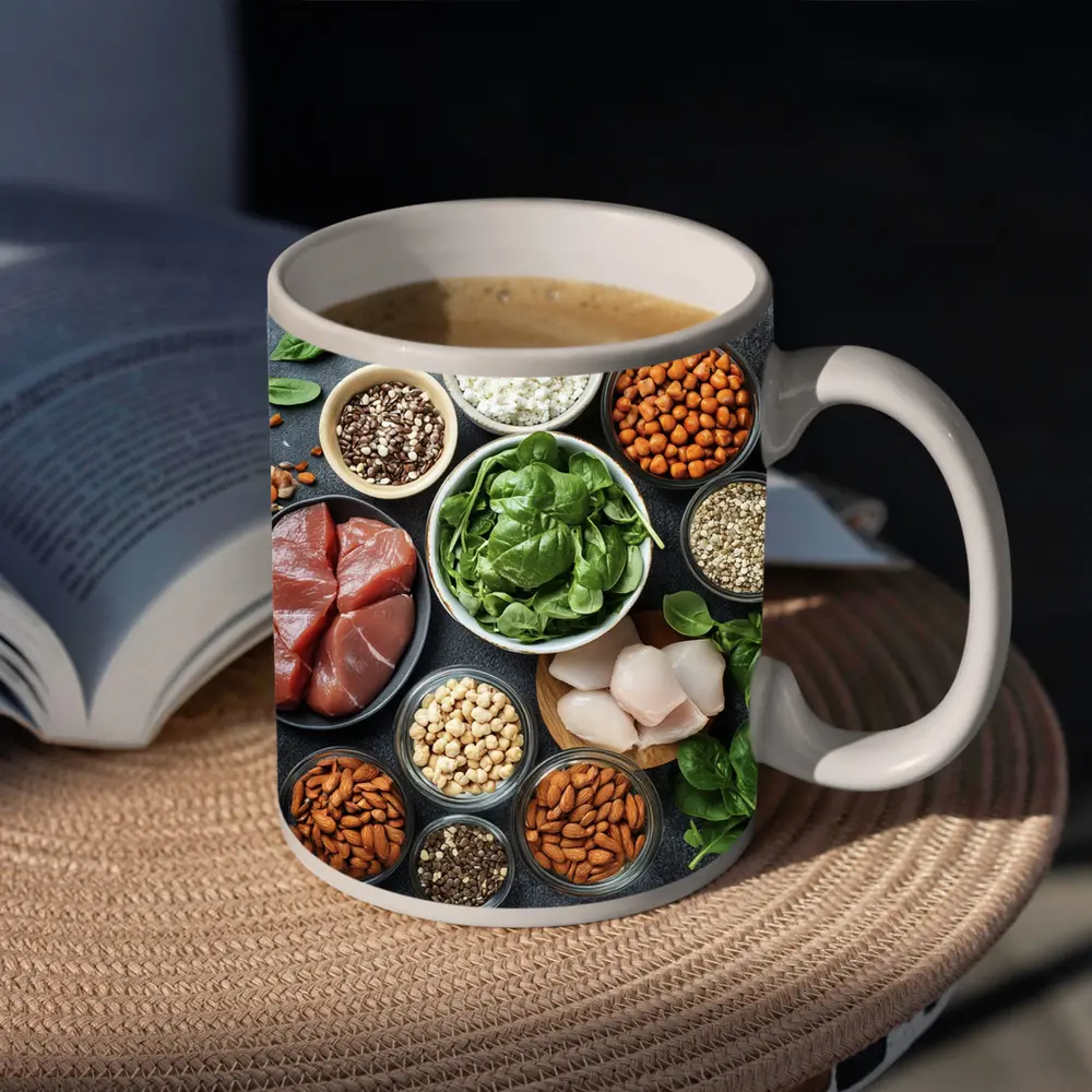 High Protein Foods Spread On Dark Surface – Mugs