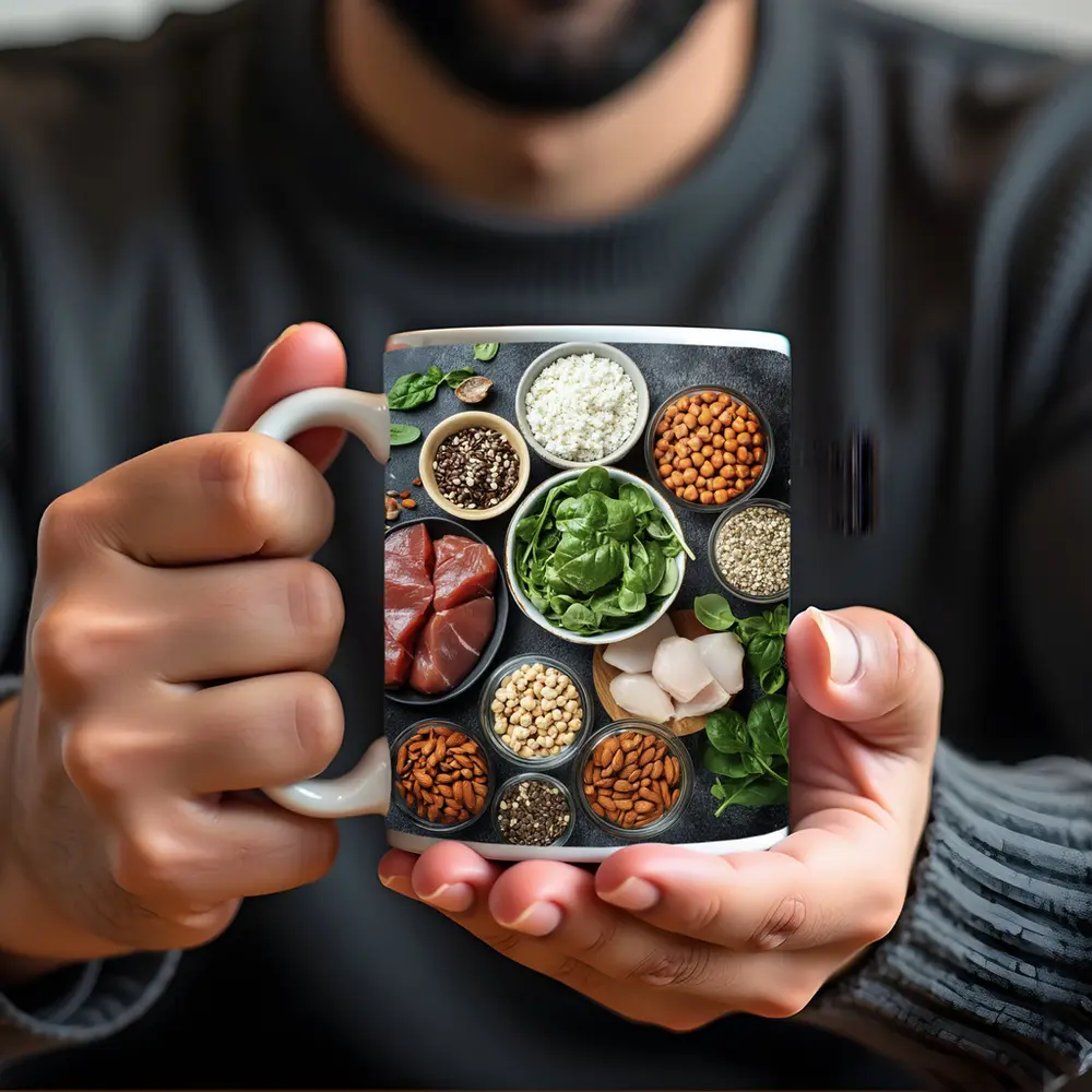 High Protein Foods Spread On Dark Surface – Mugs
