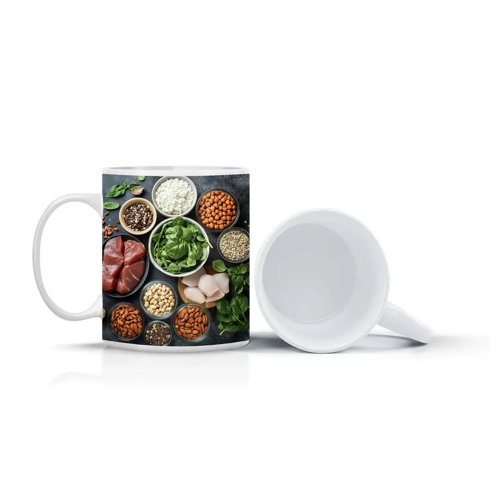 High Protein Foods Spread On Dark Surface – Mugs