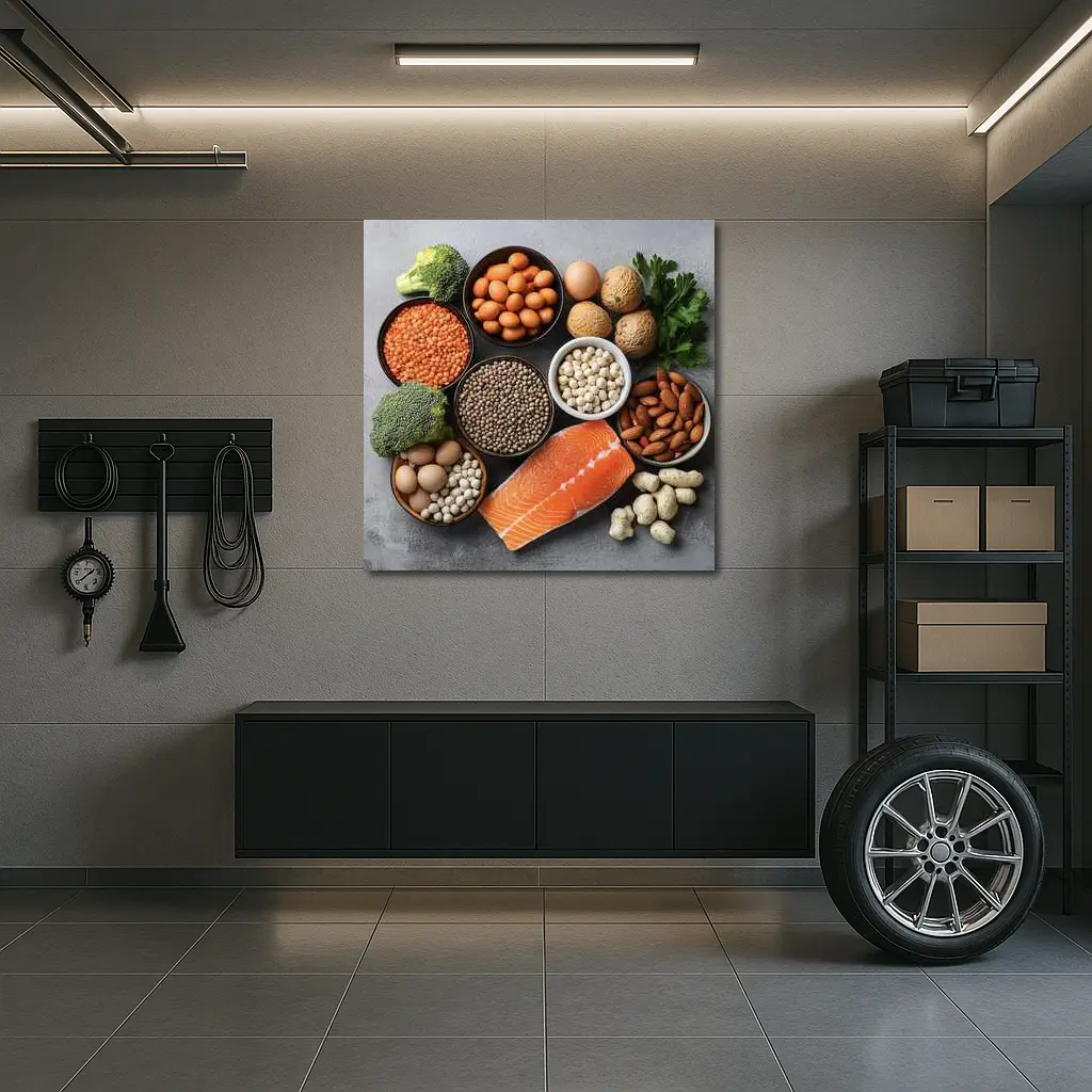 High Protein Foods Flat Lay Gray Background – Wall Art
