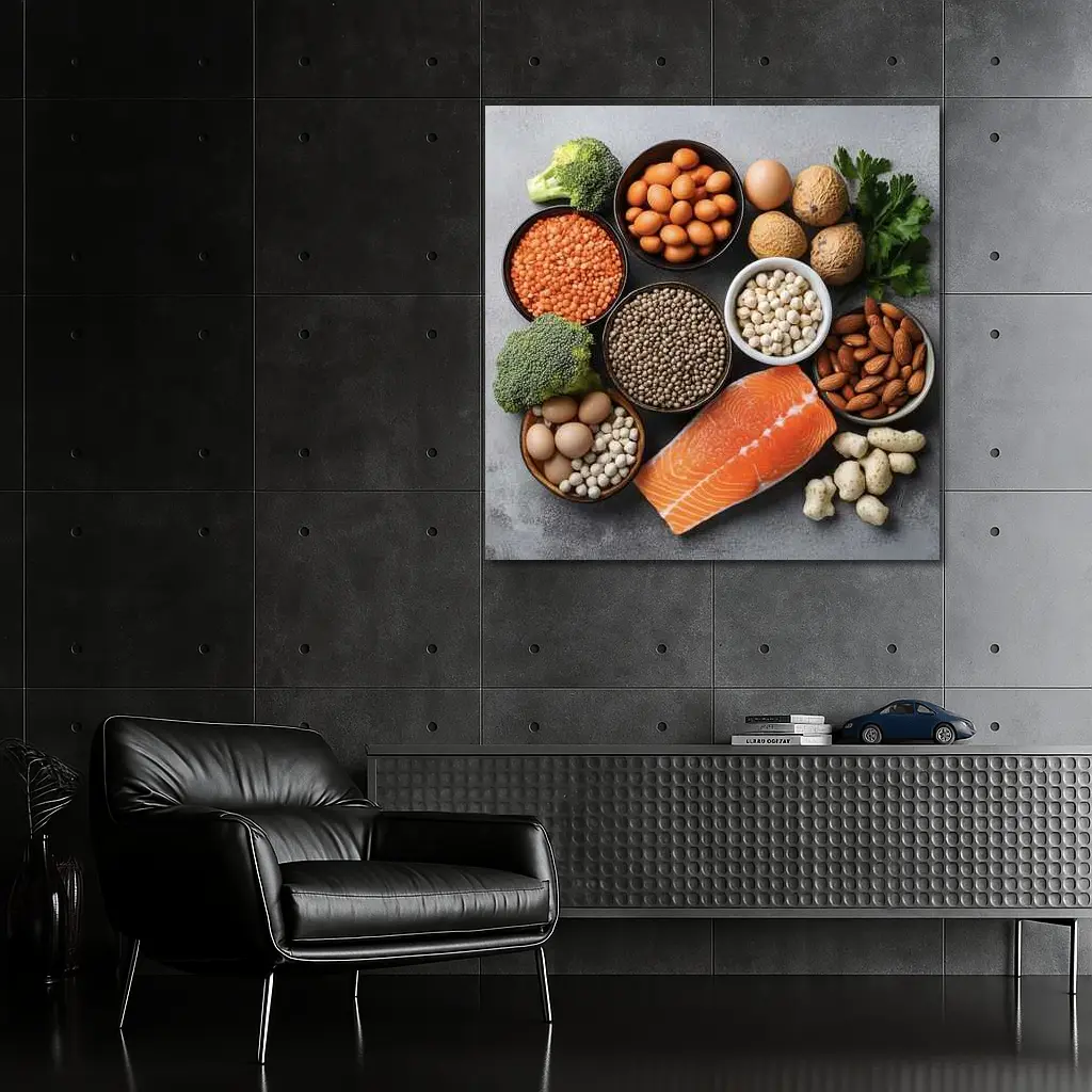 High Protein Foods Flat Lay Gray Background – Wall Art