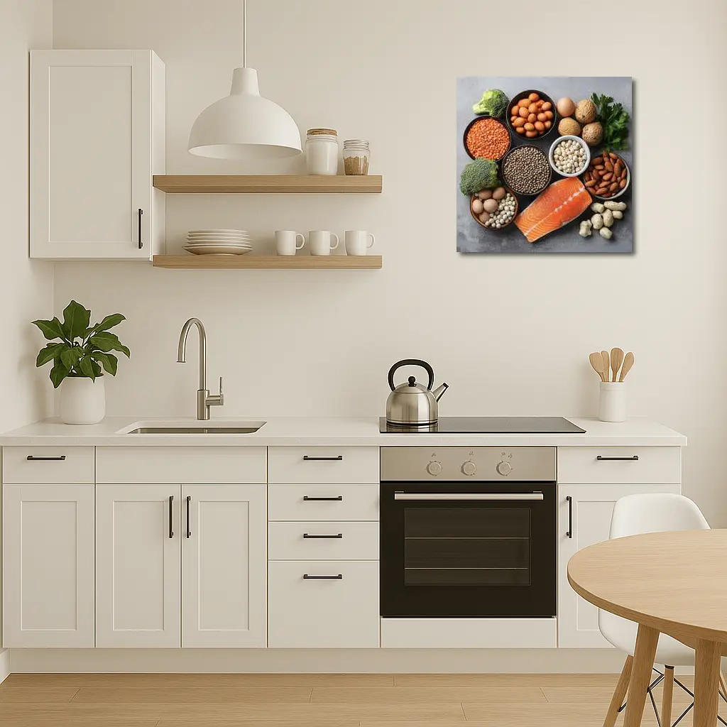 High Protein Foods Flat Lay Gray Background – Wall Art