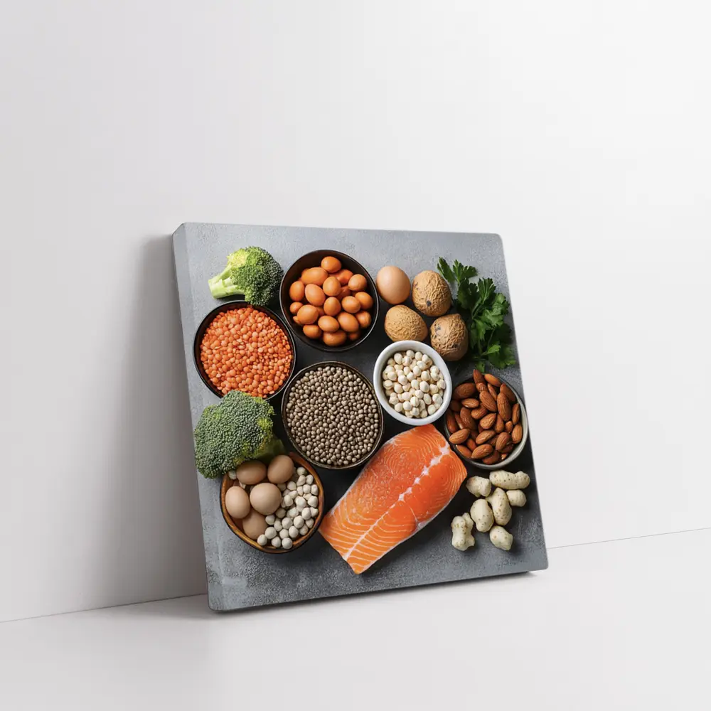 High Protein Foods Flat Lay Gray Background – Wall Art