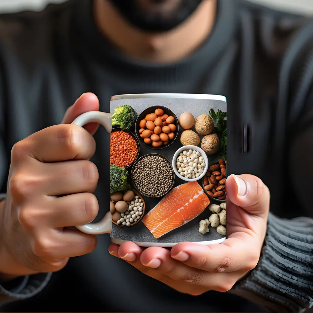High Protein Foods Flat Lay Gray Background – Mugs
