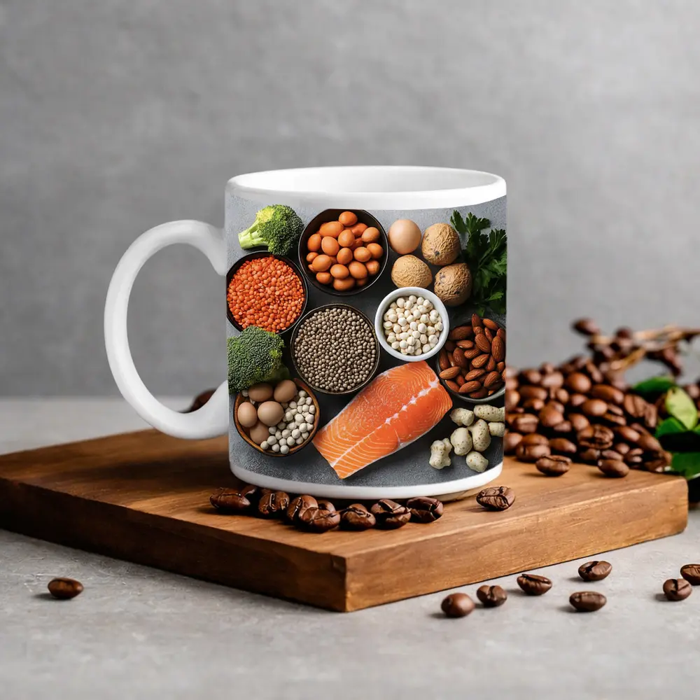 High Protein Foods Flat Lay Gray Background – Mugs