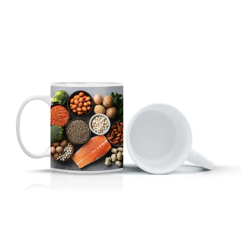 High Protein Foods Flat Lay Gray Background – Mugs