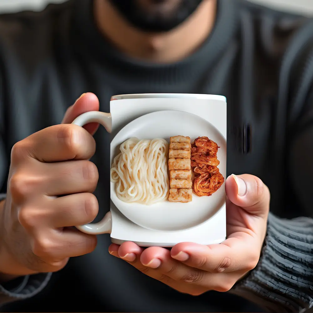 Udon Noodles Tofu Kimchi White Plate – Mugs