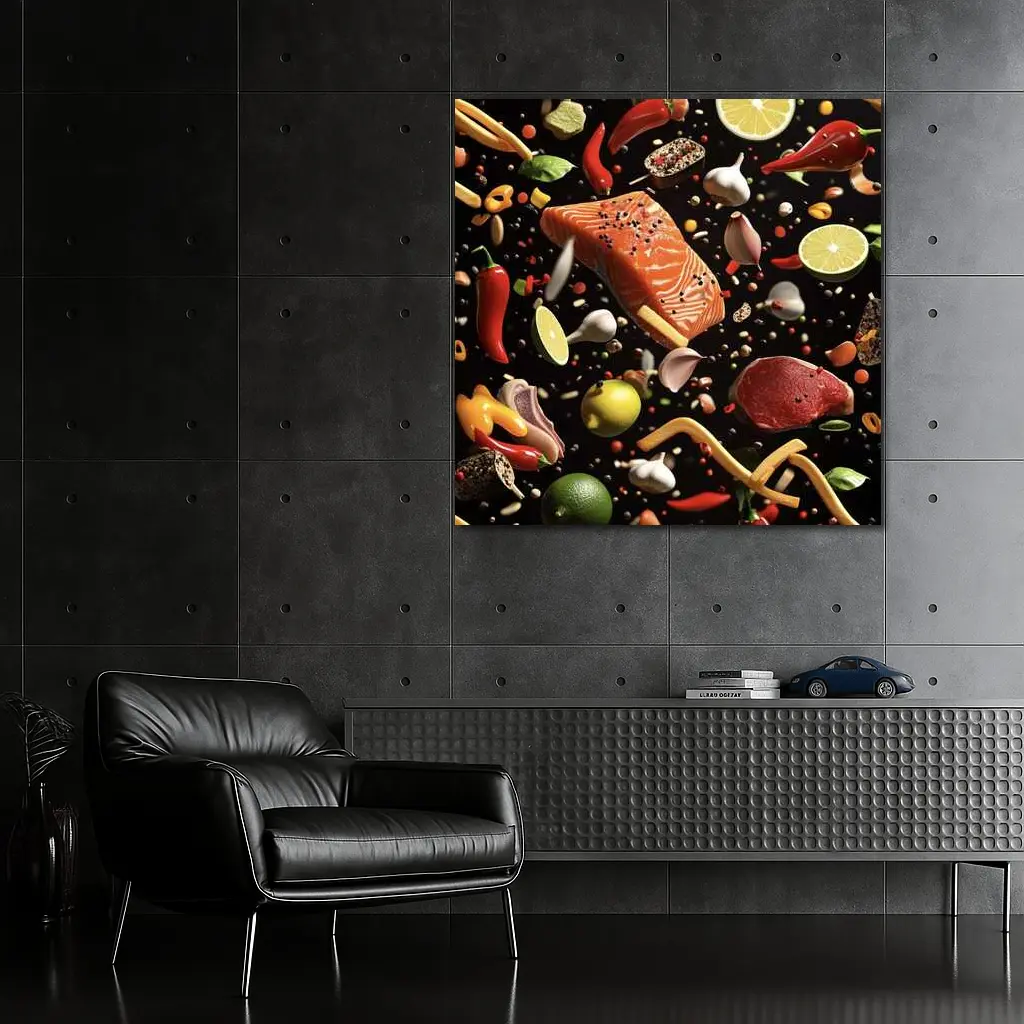 Flying Ingredients Salmon Meat Dark Background – Wall Art