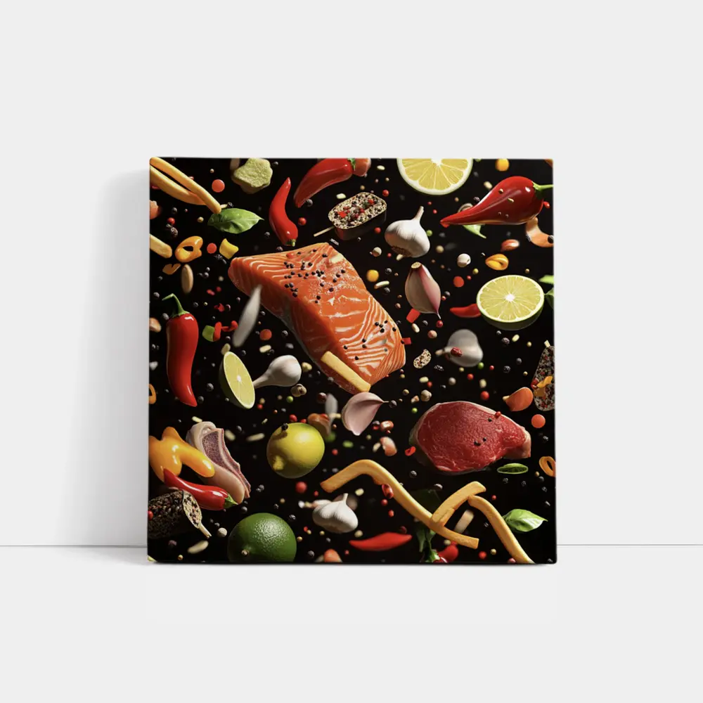 Flying Ingredients Salmon Meat Dark Background – Wall Art
