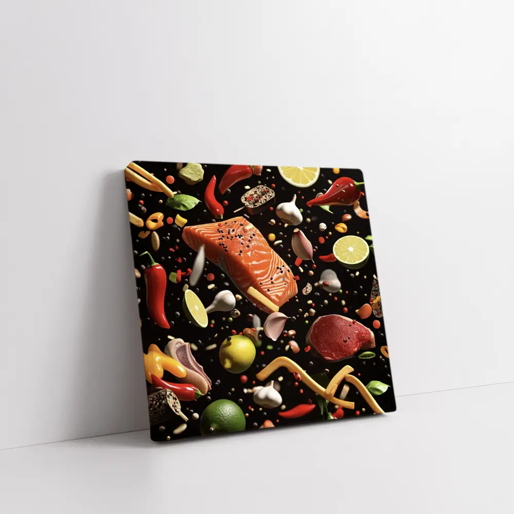 Flying Ingredients Salmon Meat Dark Background – Wall Art