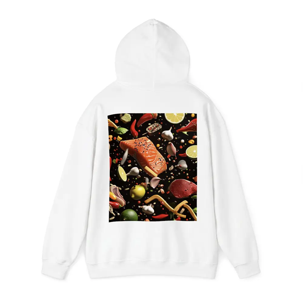 Flying Ingredients Salmon Meat Dark Background – Hoodies
