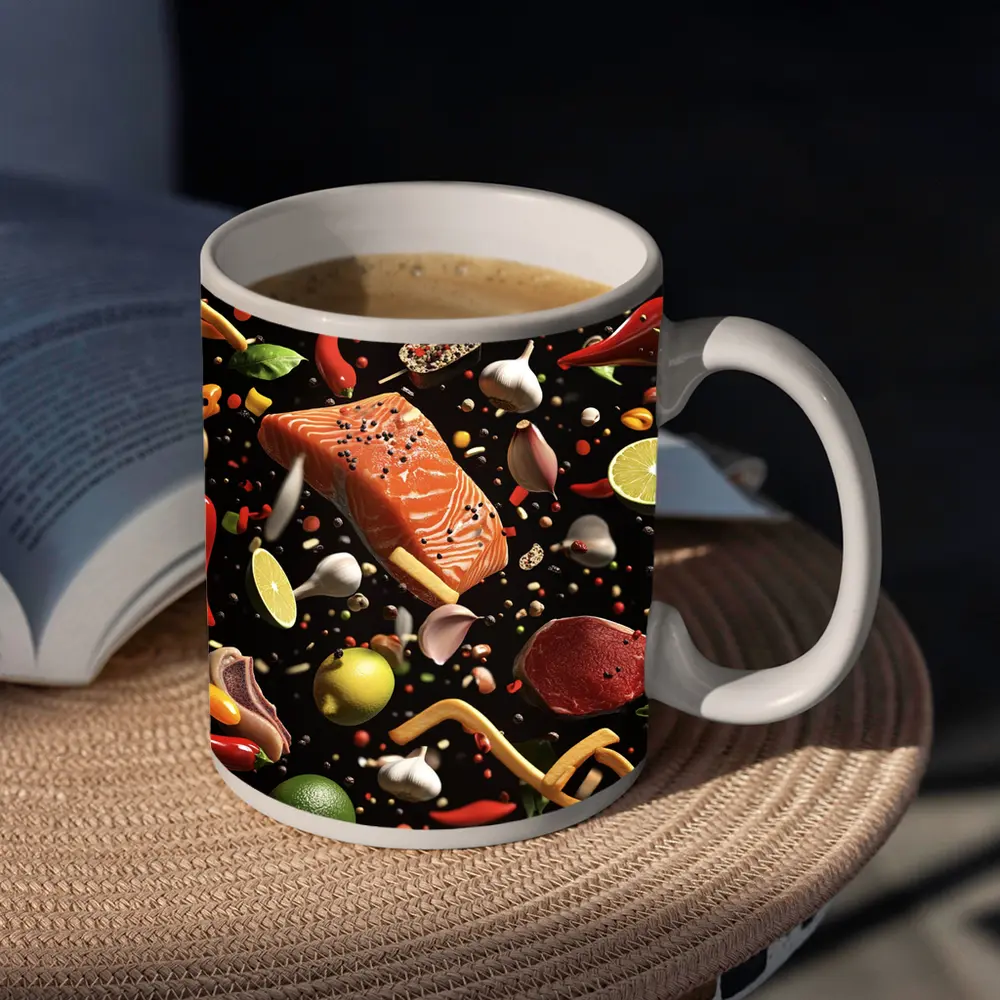 Flying Ingredients Salmon Meat Dark Background – Mugs