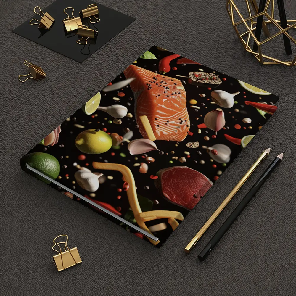 Flying Ingredients Salmon Meat Dark Background – Notebooks