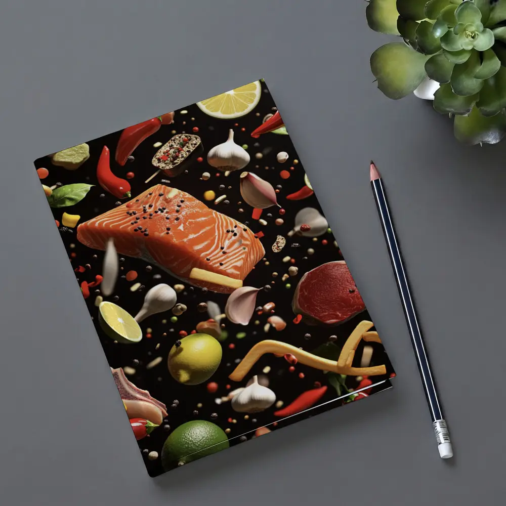 Flying Ingredients Salmon Meat Dark Background – Notebooks