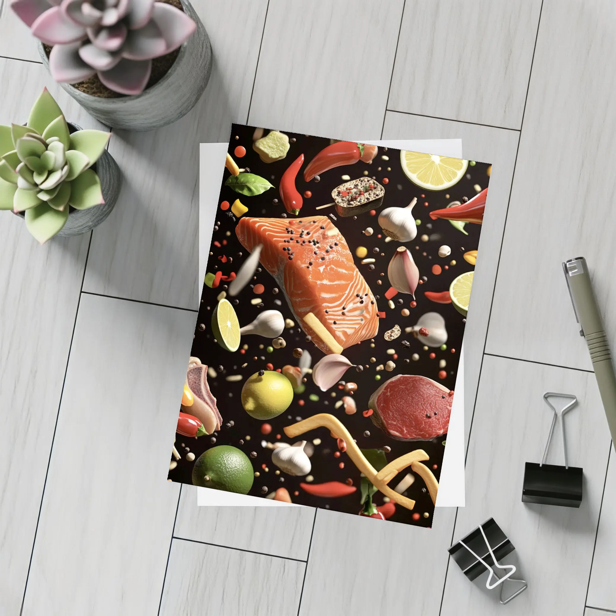 Flying Ingredients Salmon Meat Dark Background – Postcards