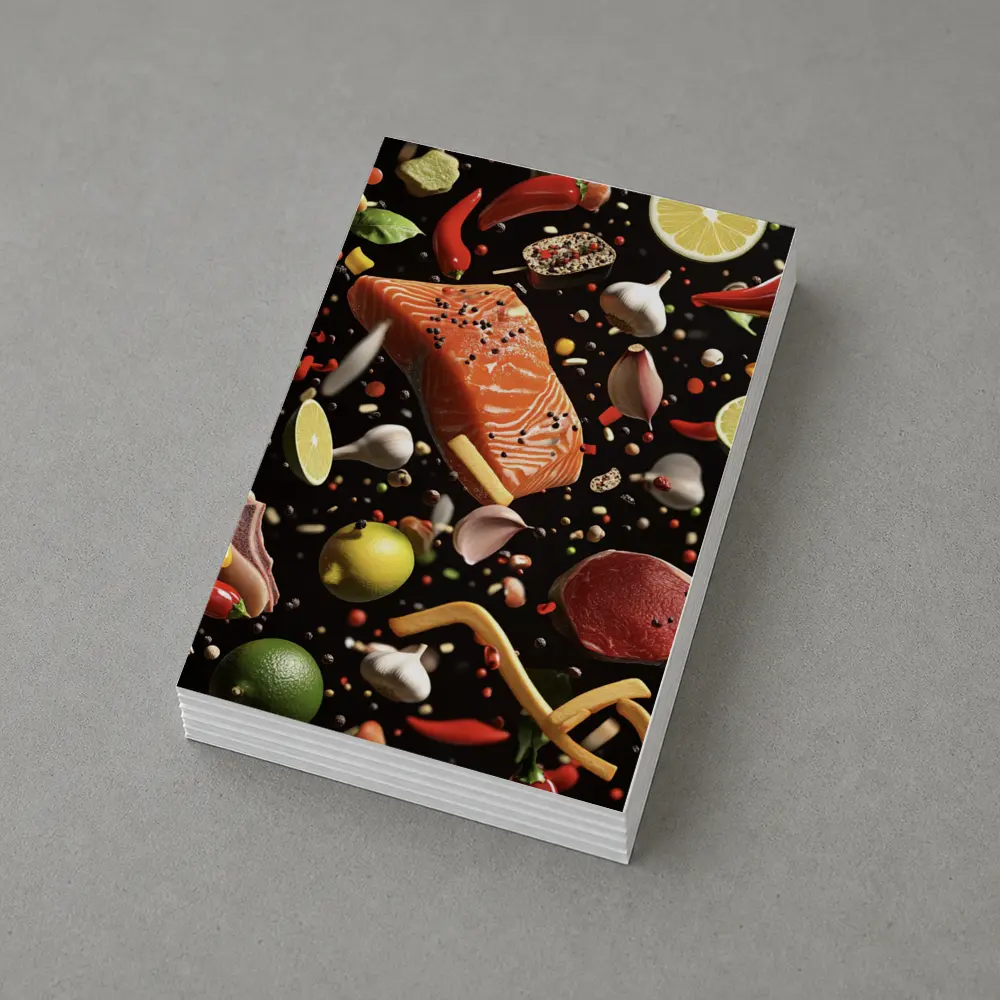 Flying Ingredients Salmon Meat Dark Background – Postcards