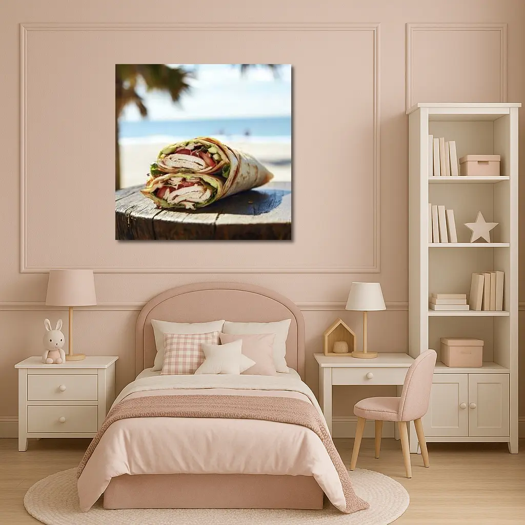 Chicken Wrap Halved on Beach Background – Wall Art