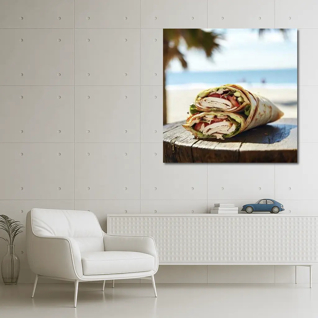 Chicken Wrap Halved on Beach Background – Wall Art