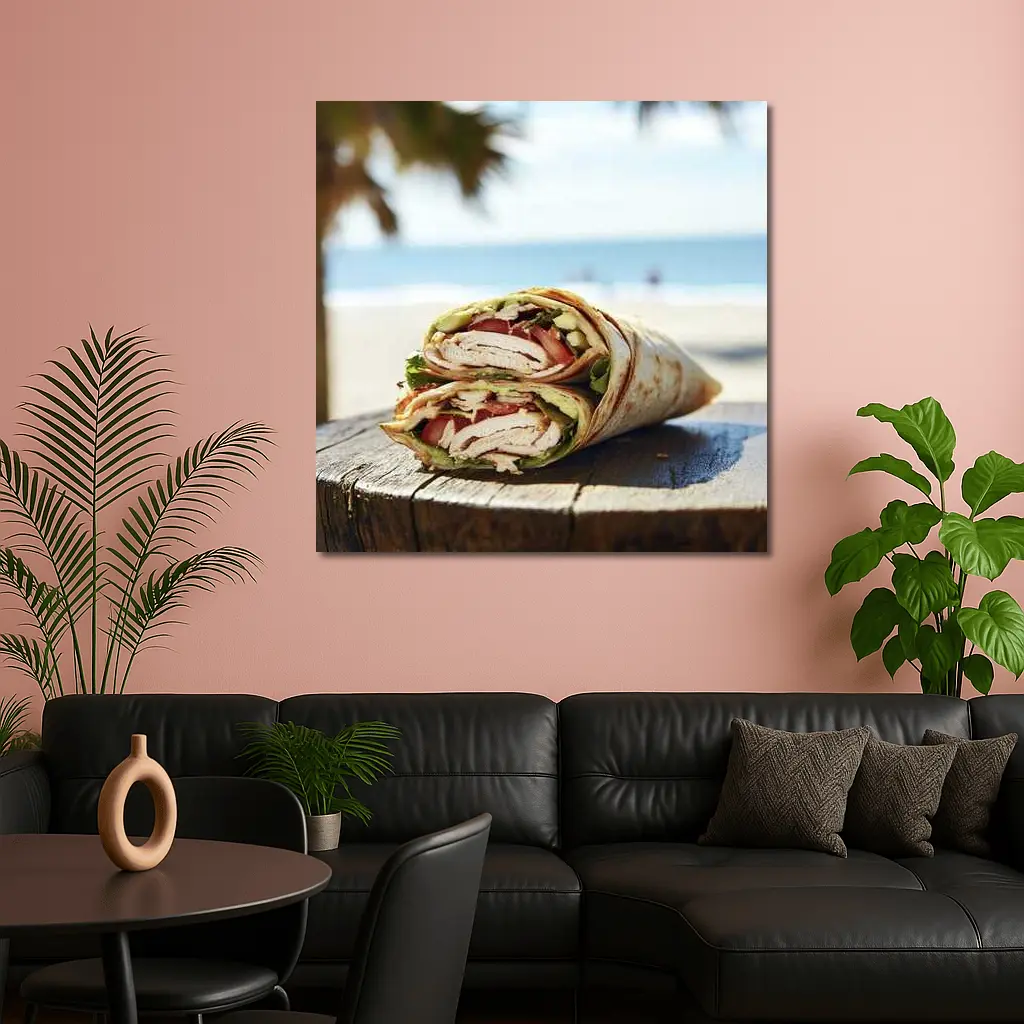 Chicken Wrap Halved on Beach Background – Wall Art