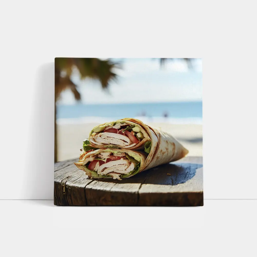 Chicken Wrap Halved on Beach Background – Wall Art
