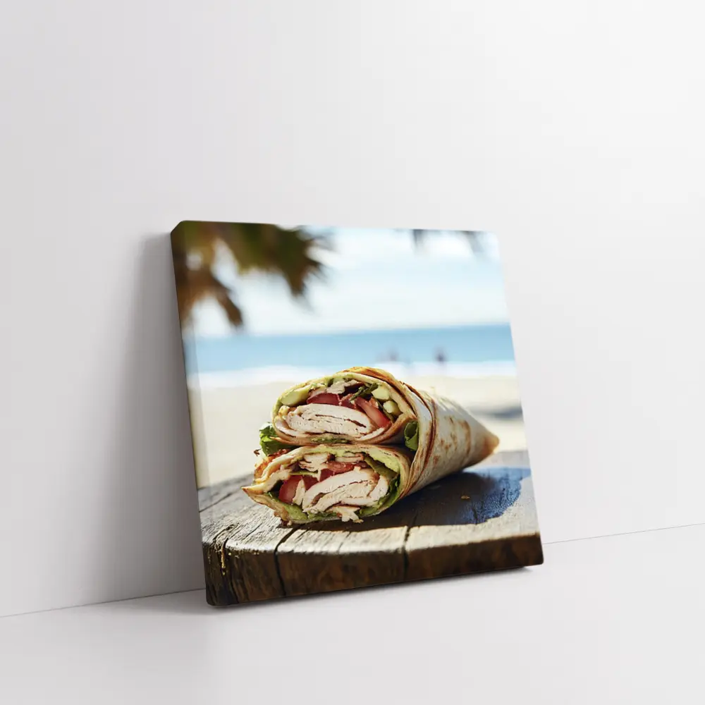 Chicken Wrap Halved on Beach Background – Wall Art