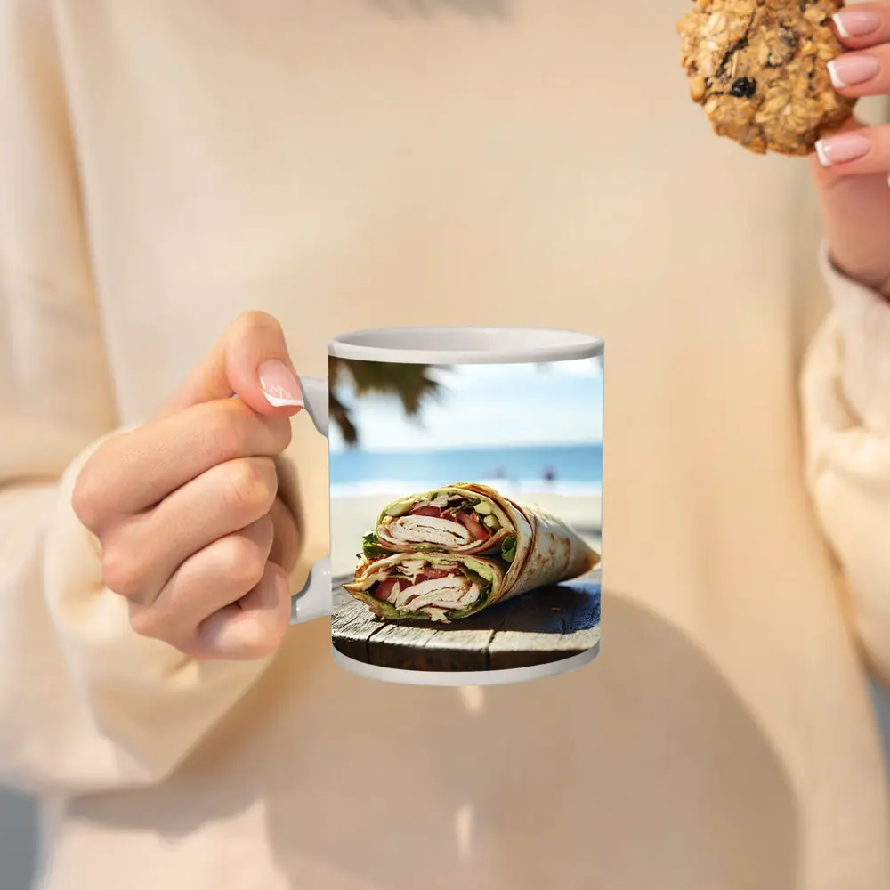 Chicken Wrap Halved on Beach Background – Mugs