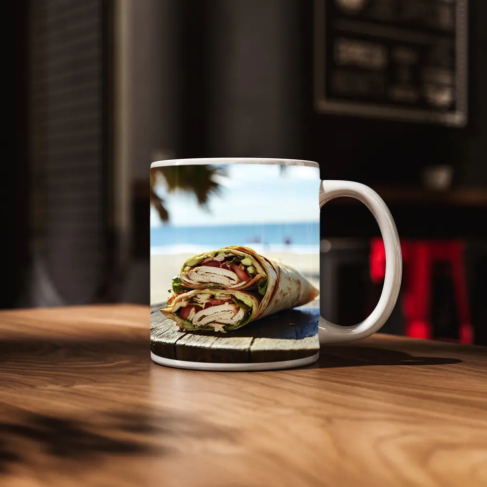 Chicken Wrap Halved on Beach Background – Mugs