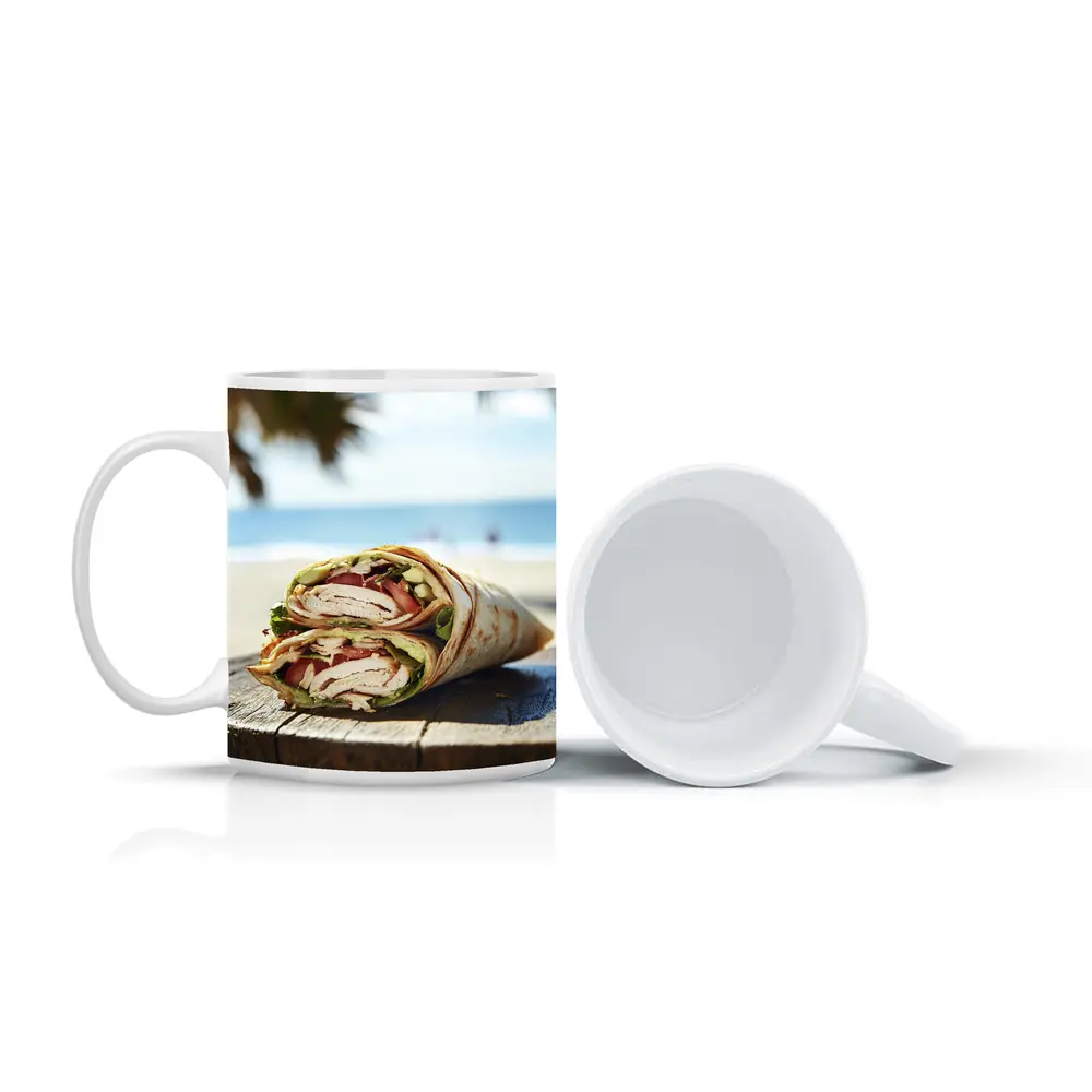 Chicken Wrap Halved on Beach Background – Mugs