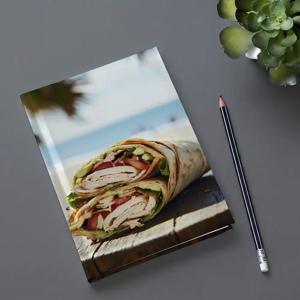 Chicken Wrap Halved on Beach Background – Notebooks