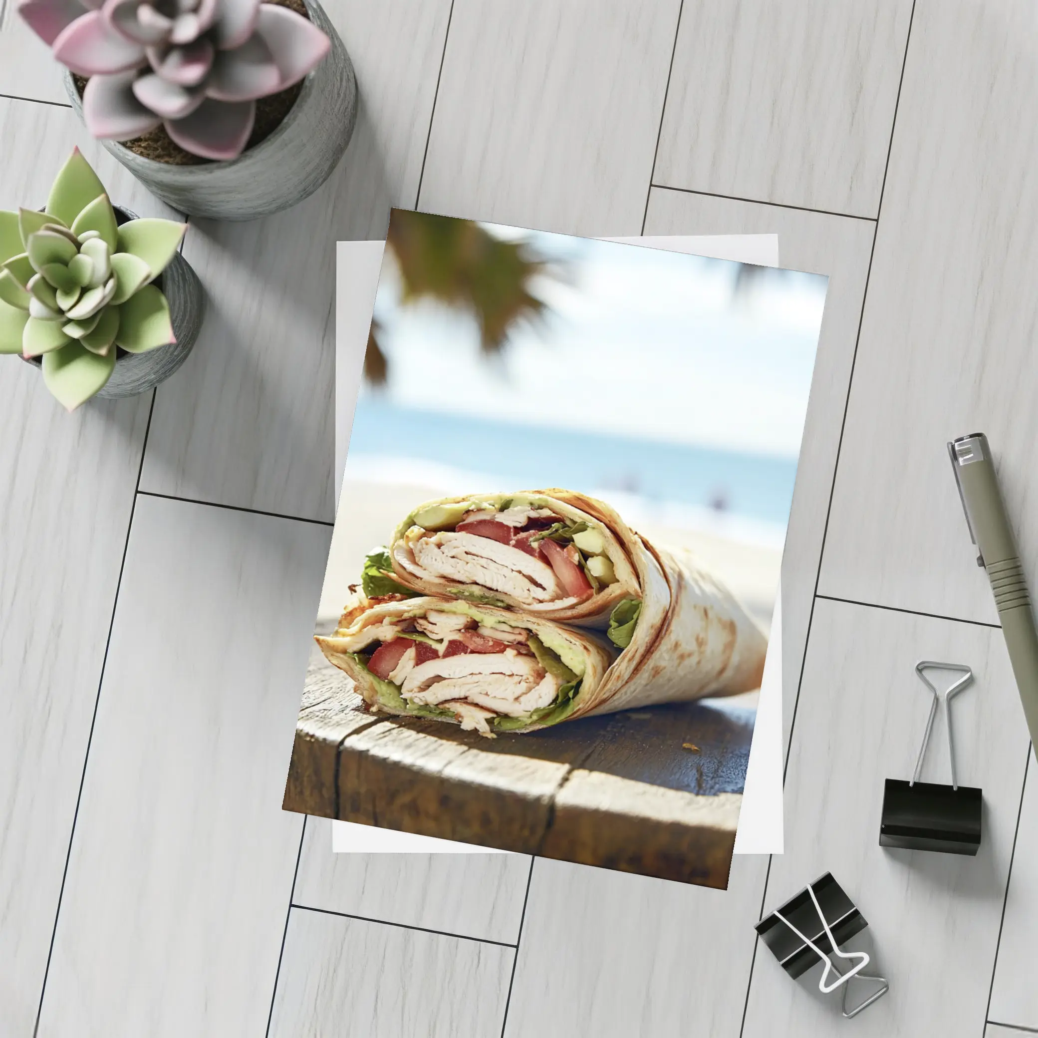 Chicken Wrap Halved on Beach Background – Postcards