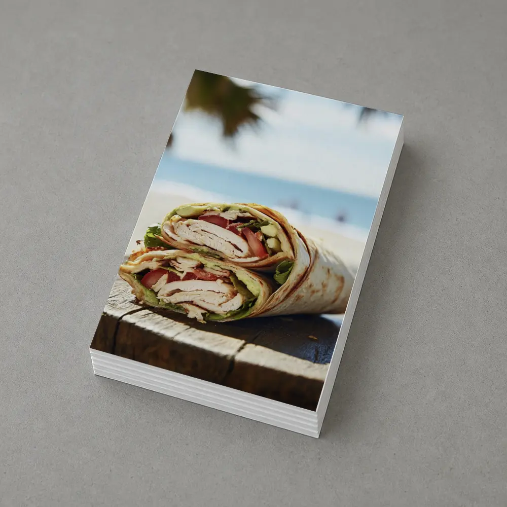 Chicken Wrap Halved on Beach Background – Postcards