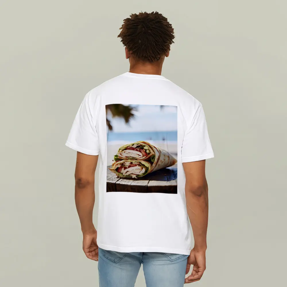 Chicken Wrap Halved on Beach Background – T-Shirts