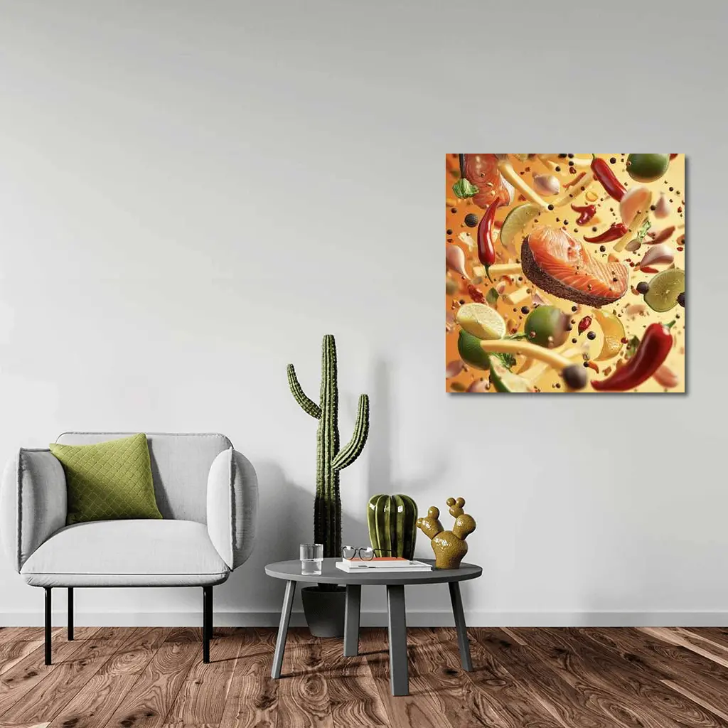 Salmon Steak Flying Spices Chili Orange Background – Wall Art