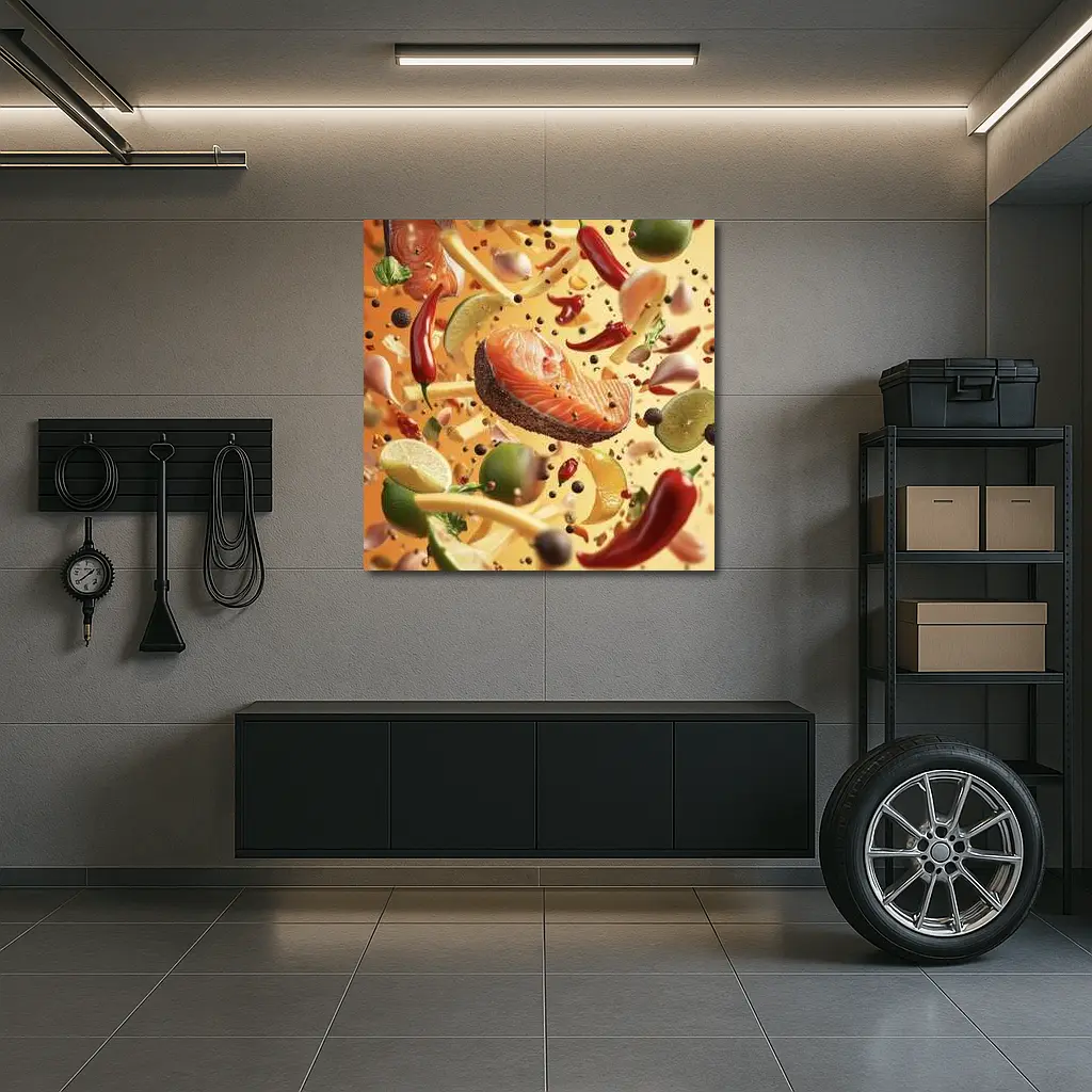 Salmon Steak Flying Spices Chili Orange Background – Wall Art