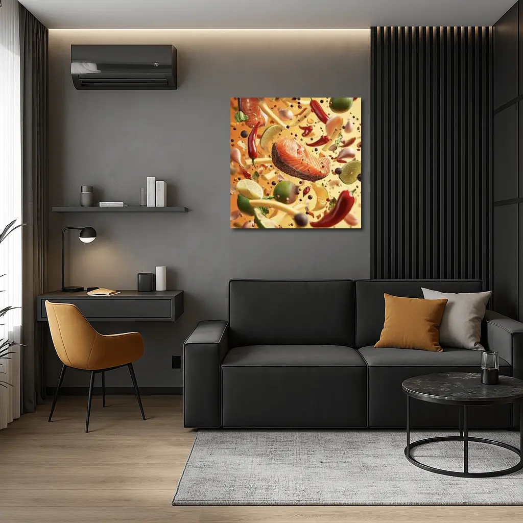 Salmon Steak Flying Spices Chili Orange Background – Wall Art